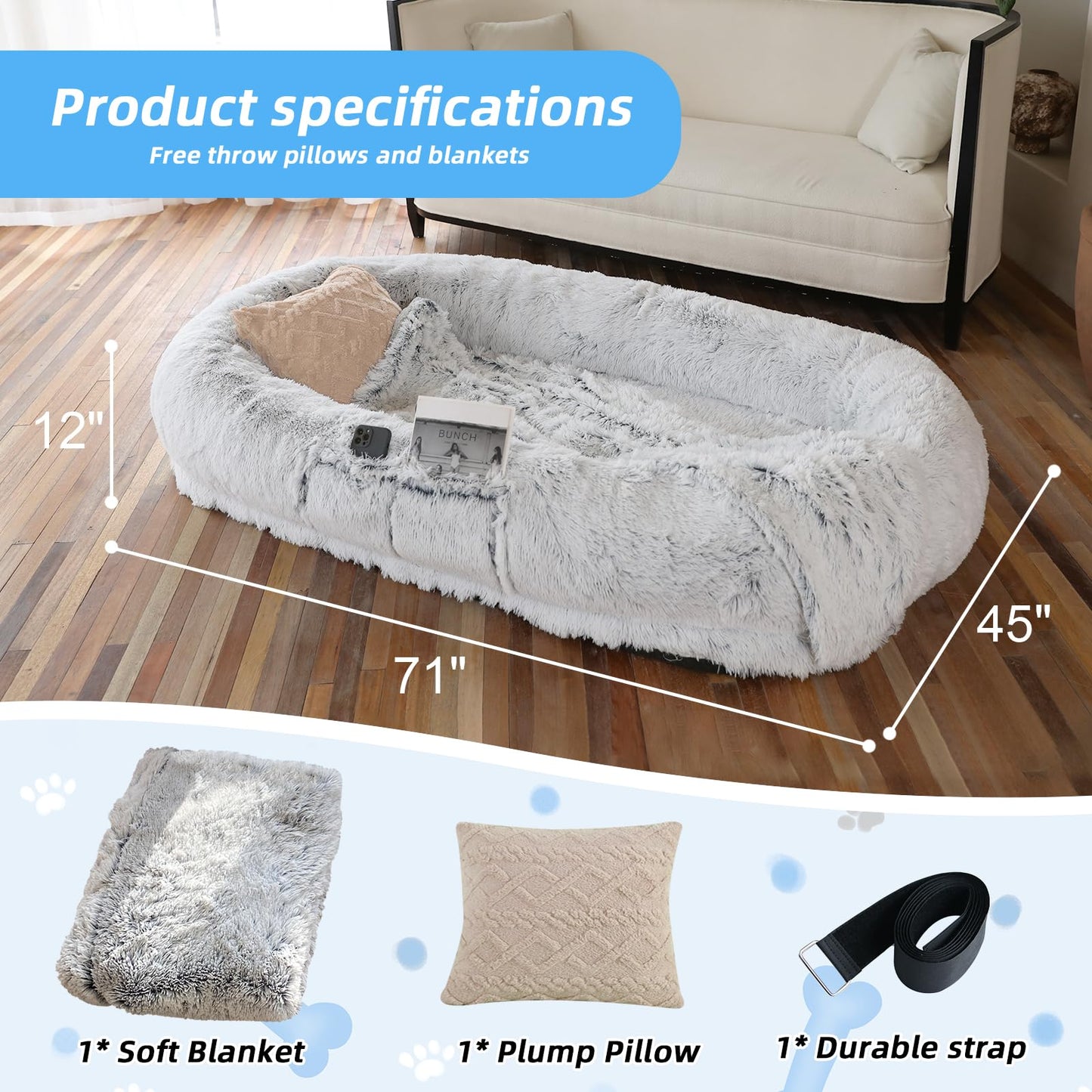 WROS Human Dog Bed - 71"x45"x12" Fits You & Pets, Washable Faux Fur, Orthopedic, Plump Pillow, Blanket, Strap - Grey