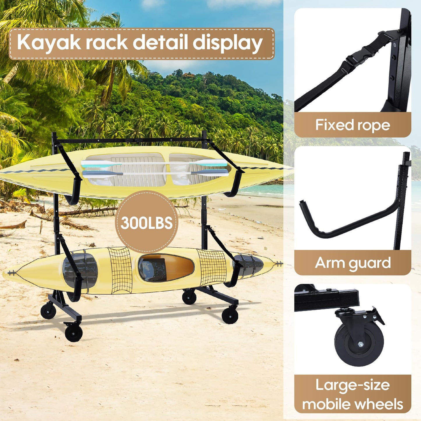 Heavy-Duty Kayak Storage Rack,Kayak Rack with Adjustable Width,5" Larger Wheels,Scratch-resistant Sleeves and Secure Straps –Holds Up to 300 lbs.Kayak Stand Adjustable for 2 or 4 Kayaks (2 Kayaks)