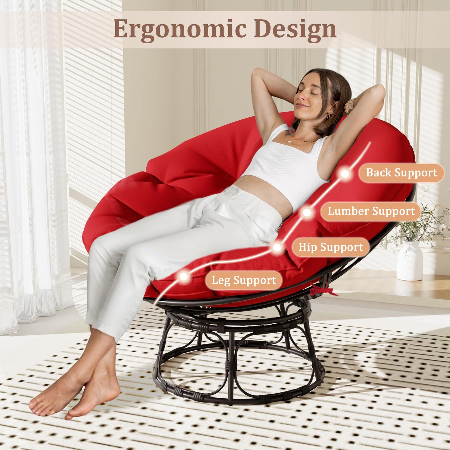 46" Papasan Chair with Cushion and Frame, Ergonomic Wicker Papasan Circle Chair for Living, Bedroom, Reading Room, Lounge