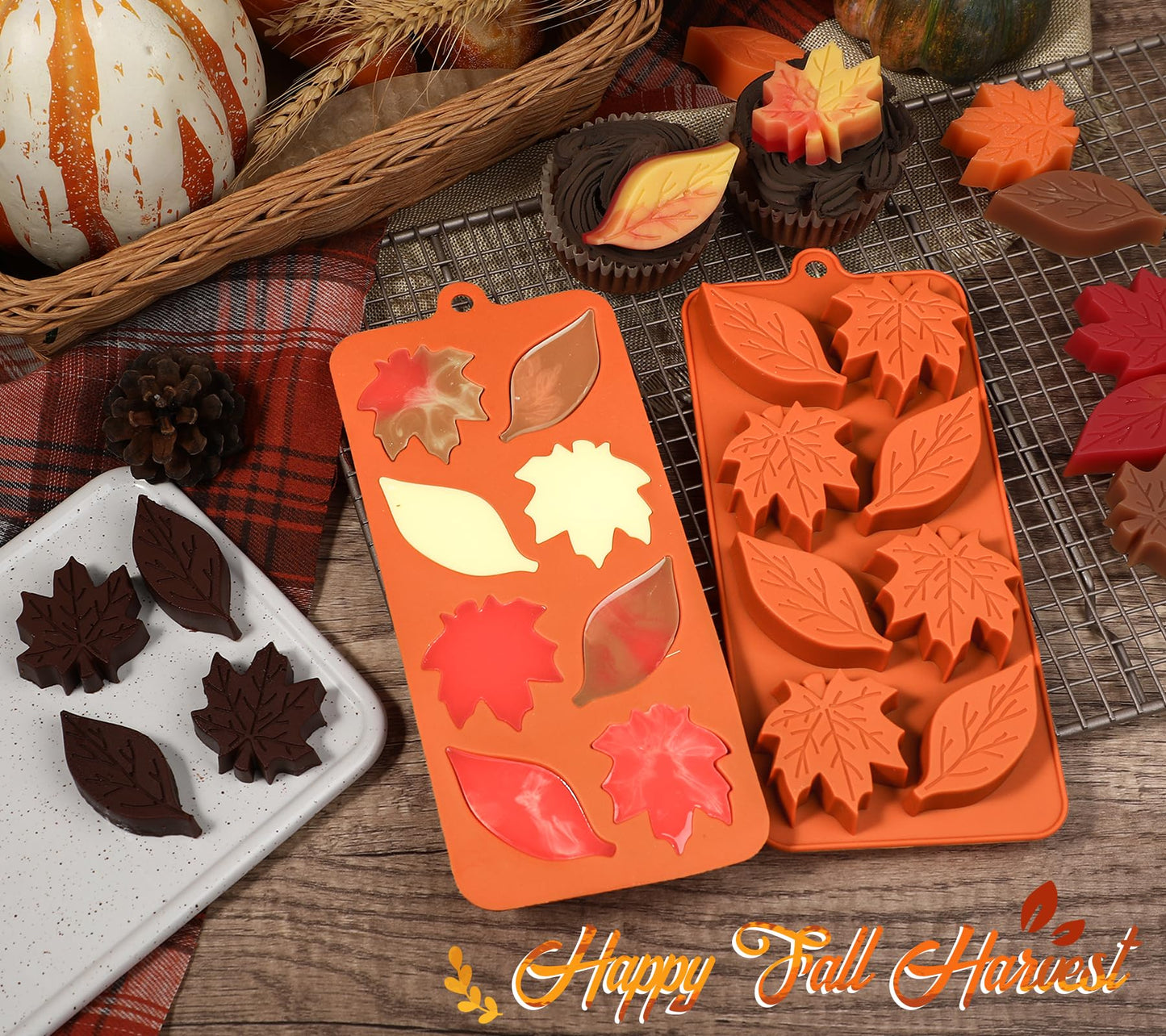 Webake Leaf Silicone Mold with 2 Different Shapes, 8-Cavity Maple Leaf Molds for Chocolate, Ice Cube, Soap, Cupcake, Perfect for Thanksgiving, Fall Harvest Party, Pack of 2