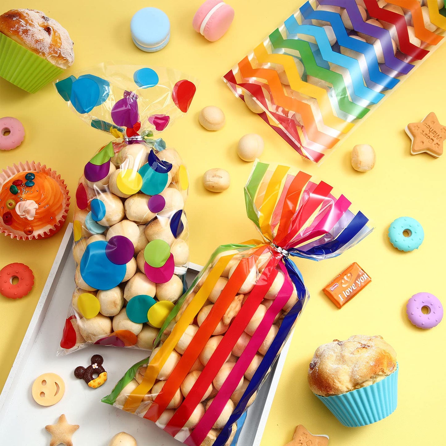 105 Pcs Rainbow Cellophane Treat Bags Bulk Plastic Polka Dot Stripes Goodie Candy Favor Bags with Twist Ties for Back to School Party Favors Anniversary Wedding Baby Shower Birthday Supplies