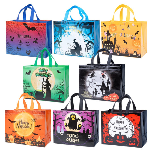 XiaosRen 8Pcs Multifunctional Non-Woven Tote Bags with Handles, Large Reusable Happy Halloween Bags for Gifts, Party Supplies, 12.6x10x6.7