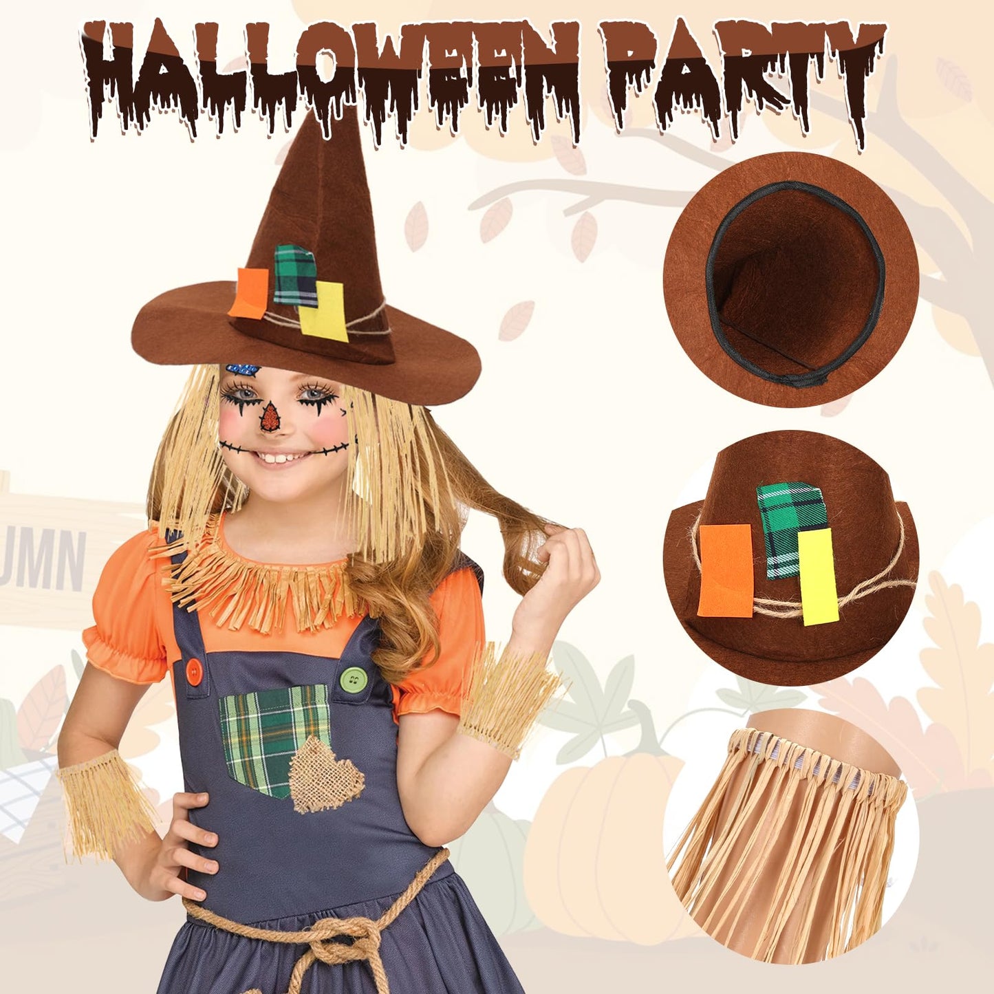 XEPST Halloween Scarecrow Costume for Women - 7PCS Accessories Set With Hat, Raffia Straw Kit, Face Decor for Adults Cosplay Fancy Dress Up