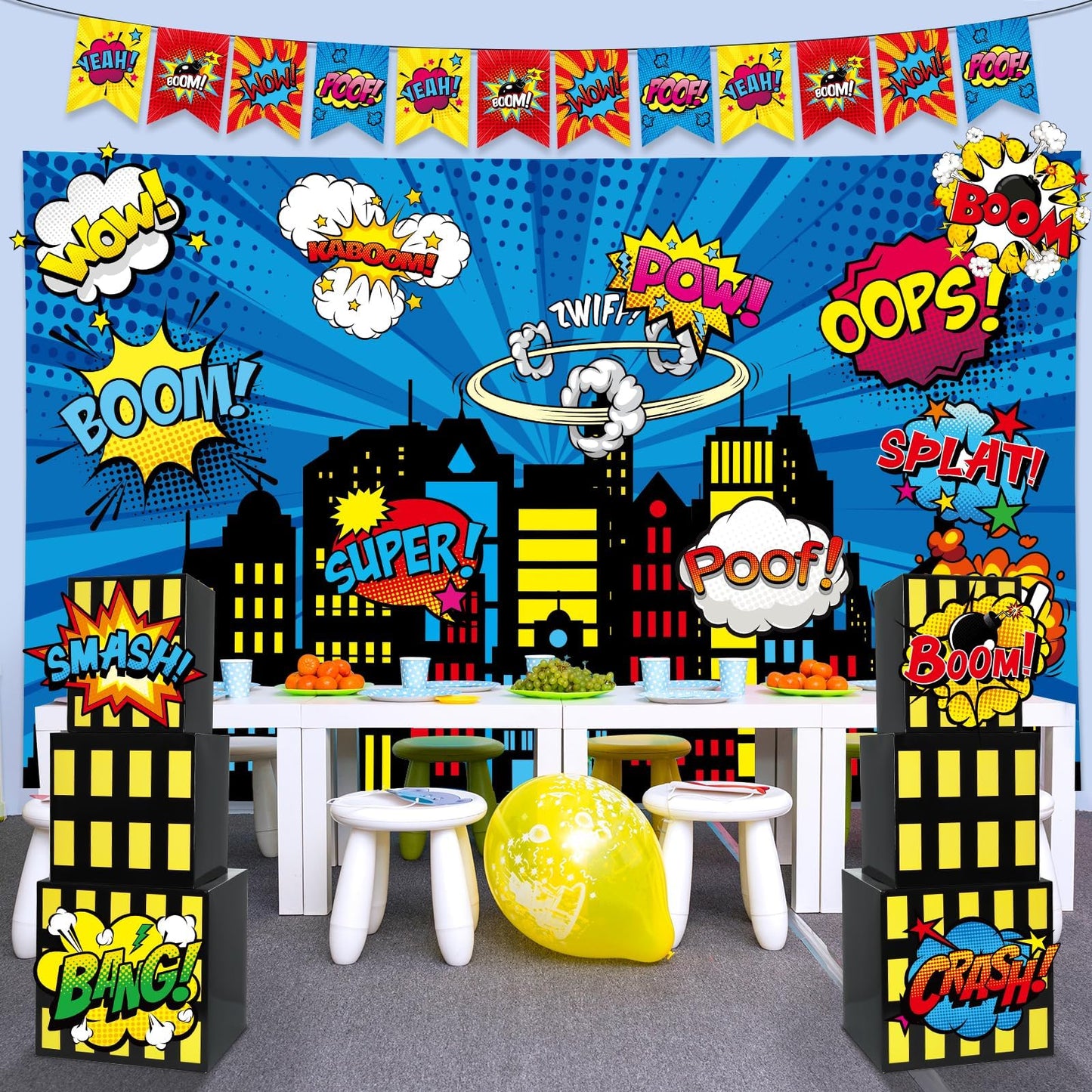 17Pcs Super Theme Hero Party Photography Backdrop for Hero Birthday Decorations with Hero Background Skyscraper City Boxes Hero Cutouts Super Banner for Super Theme Hero Birthday Party Supplies