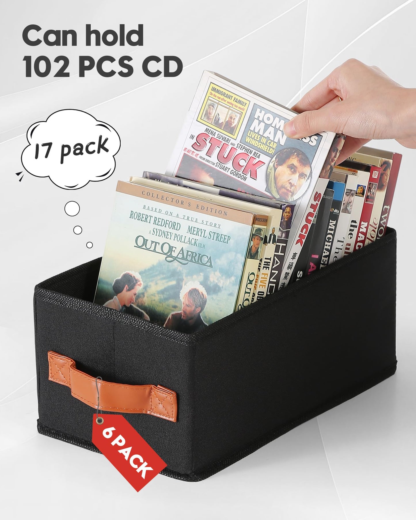 Wanapure 6 Pack DVD Storage Box, DVD Organizer Holds Up to 102 DVDs, Foldable DVD Holder, Large CD Storage Case