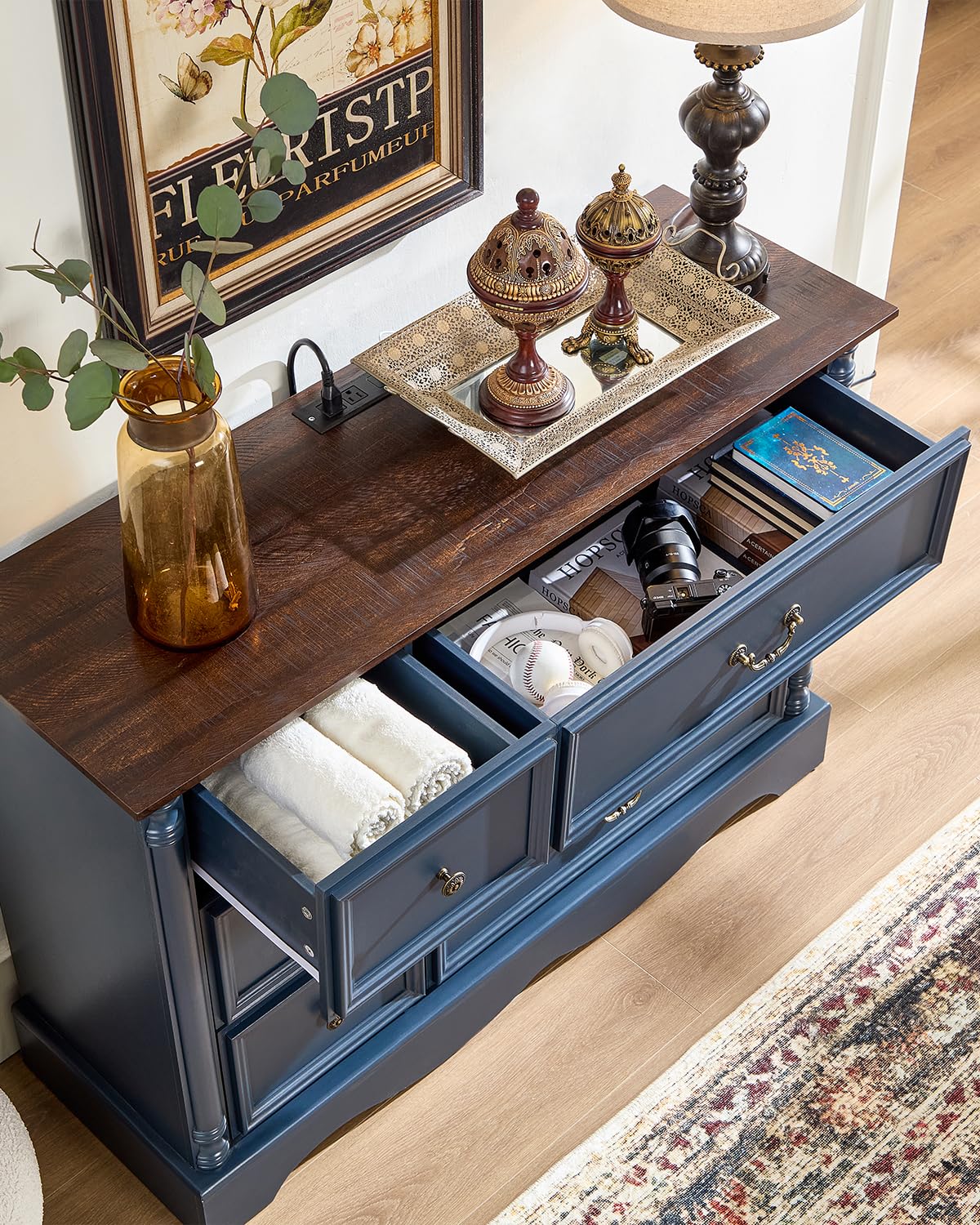 6 Drawers Dresser, Farmhouse Chest of Drawers with Charging Station, Refined Blue Finish Design, Modern Storage Dressers Organizer TV Stand for Bedroom, Living Room, Hallway, Indigo Blue