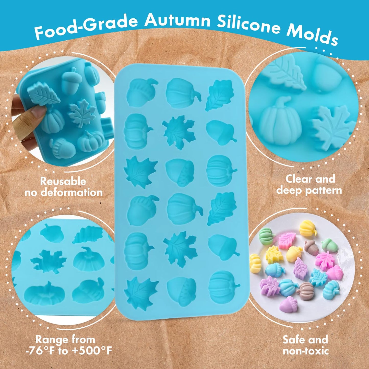 2-Pack Mini Fall Molds - 18-Cavity Chocolate Baking Molds with Pumpkin, Pinecone, Maple Leaf - Perfect for Chocolate Candies, Resin Crafts