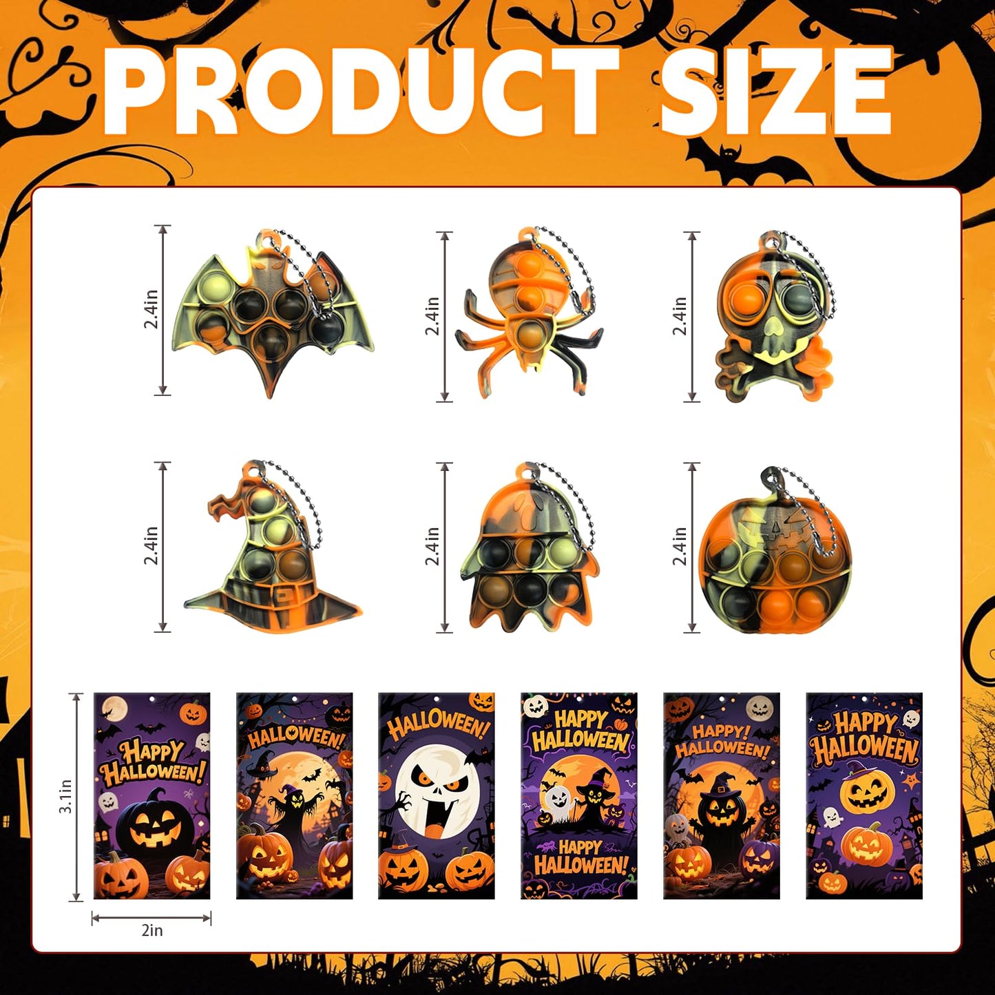 24Pcs Halloween Mini Pop Keychain Fidget Toys with 24 Cards, Halloween Party Favors Supplies, Silicone Mini Pop Toys Bulk for Kids Anxiety Stress Reliever for Adults
