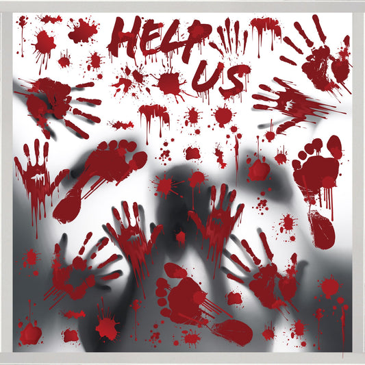 9 Sheet Bloody Handprint Window Clings, Scary Halloween Decorations Window Clings,Help US Halloween Stickers Decal for Indoor/Outdoor Horror Party Home Door Car Bathrooms