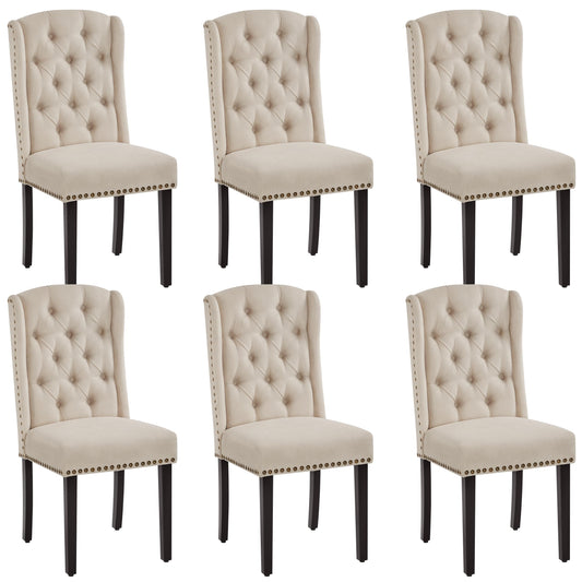 Yaheetech Upholstered Dining Chairs Set of 6 Button Tufted Kitchen Chairs with Solid Wood Legs and Nailhead Trims for Dining Room, Living Room, Restaurant, Beige