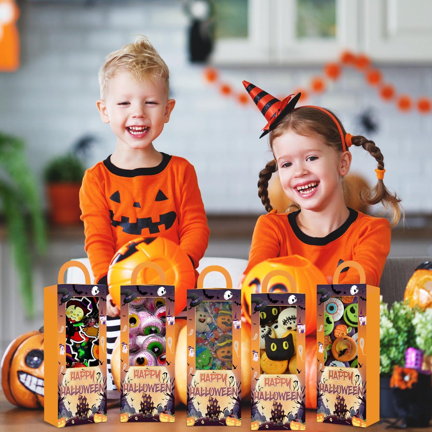 12PCS Halloween Party Favor Boxes Trick or Treat Gift Candy Boxes Happy Halloween Goodie Bag for Birthday Party Decor Supplies (4.8 x 4.8 x 9.5 in)