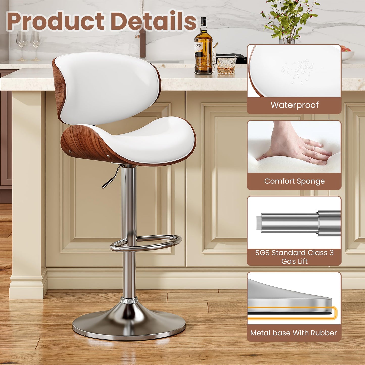 YaFiti Bar Stools Set of 4, Modern Pu Leather Swivel Adjustable Bar Stool Counter Height Stool Set, Bar Chair with Back and Footrest for Kitchen, Dining Room, White