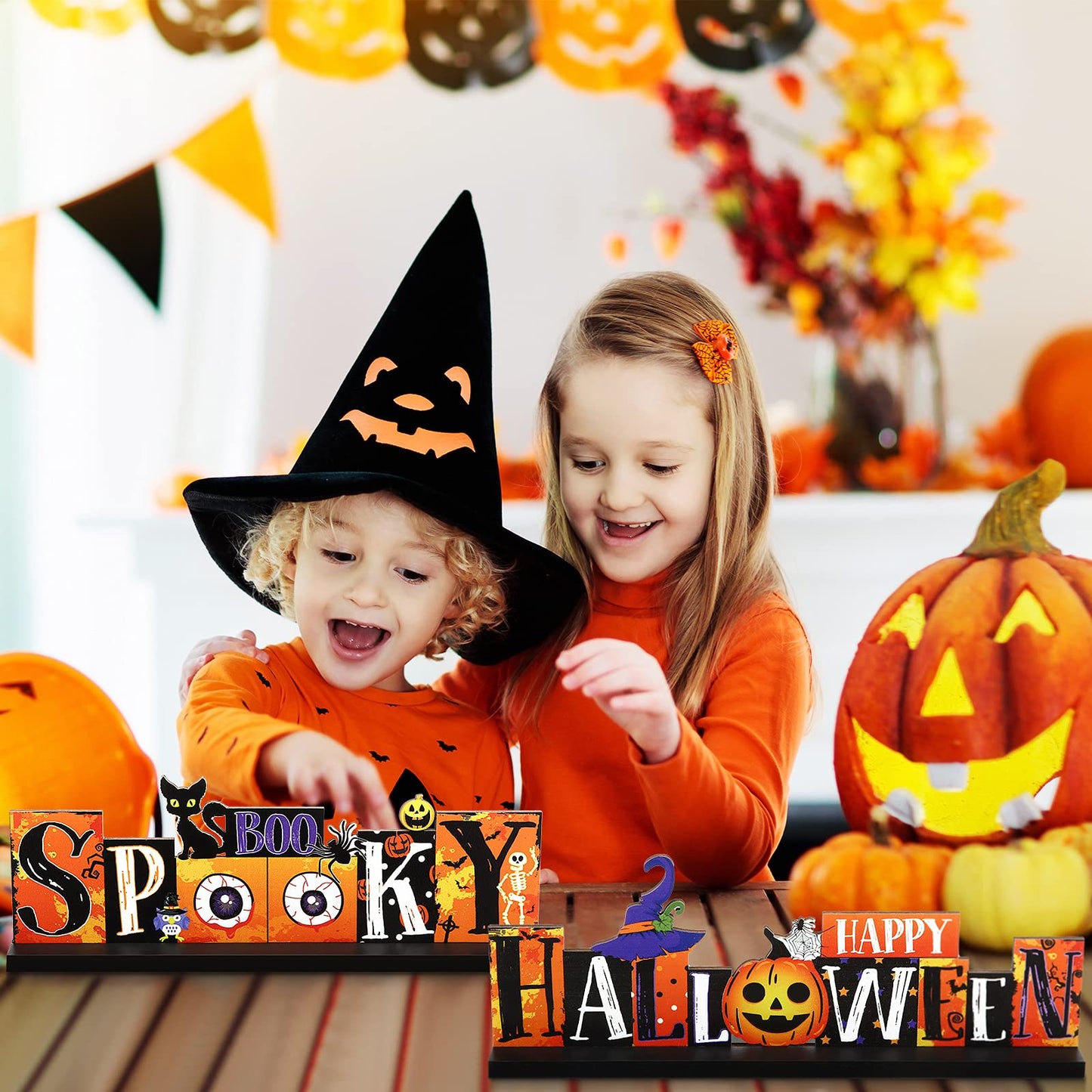 3 Pieces Halloween Table Decorations - Pumpkin Centerpiece, Boo Spooky Wood Sign, Trick or Treat Witch Hat Decor for Party, Living Room, Kitchen, Office, Bar
