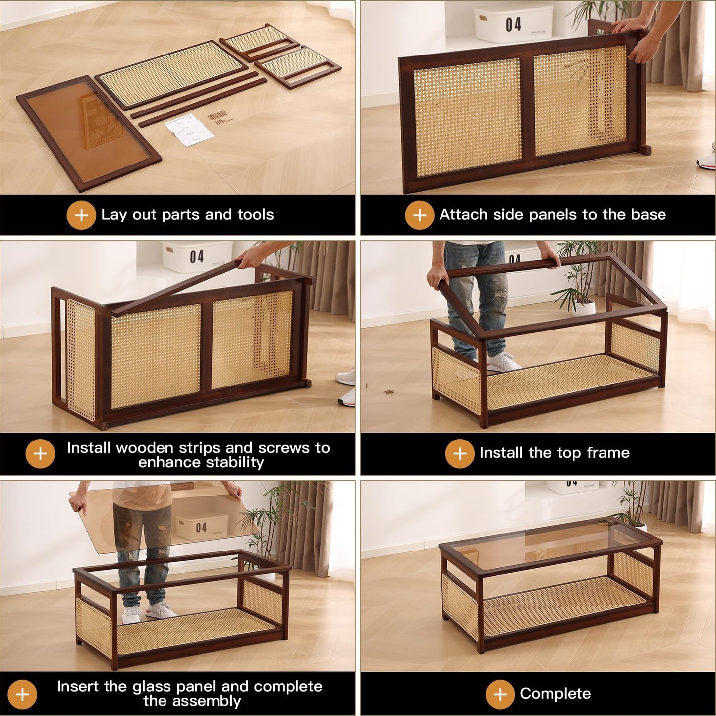 Welnow Rattan Coffee Tables for Living Room, Modern 2-Tier Coffee Table, Mid Century Rectangle Coffee Table with Storage Shelf & Glass Top, Large Boho Center Table for Apartment, Walnut