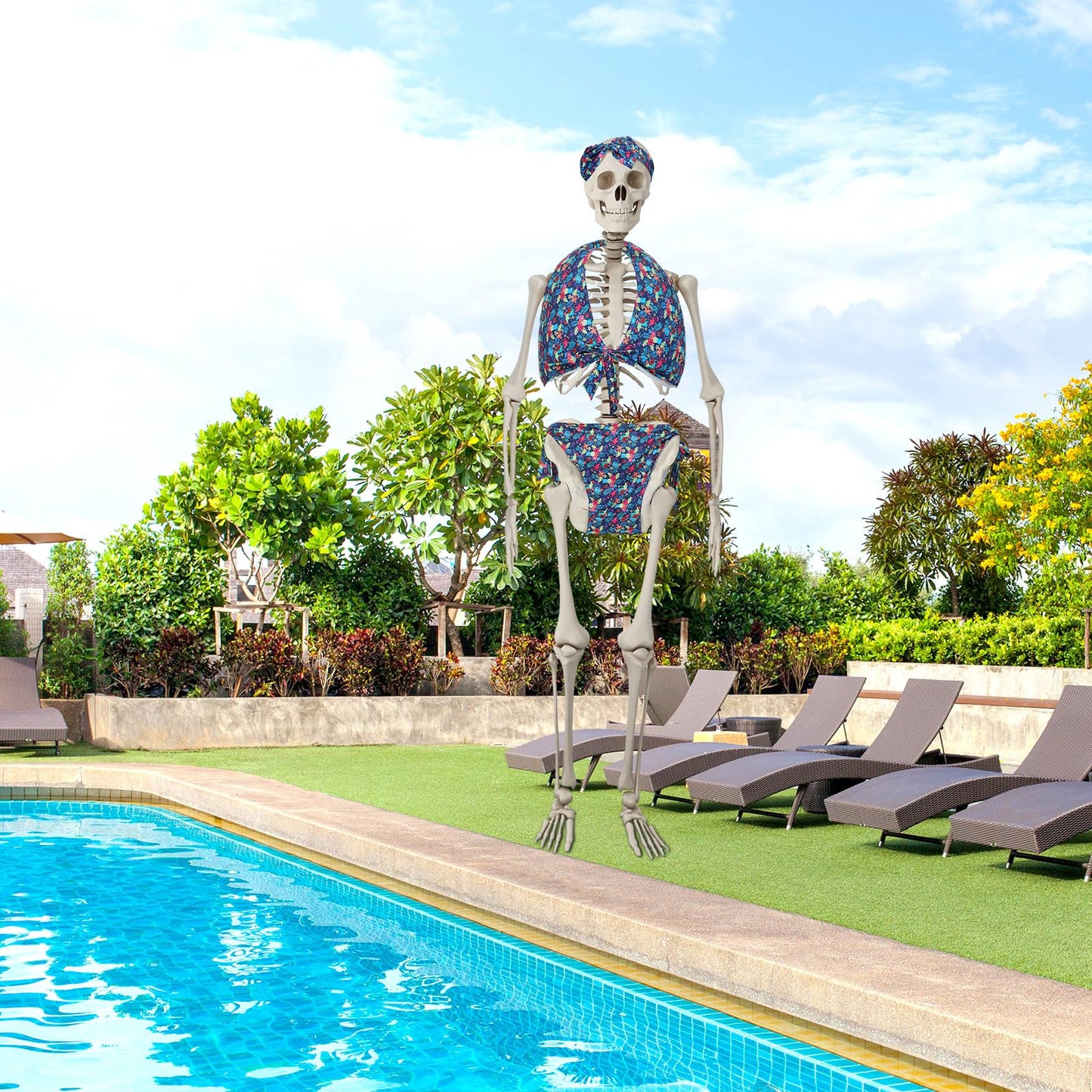 3 Pcs Hawaii 12 ft Giant Skeleton Costume Accessories Set Sexy Bikini Swimsuit and Bow Hairband Palm Leaves and Flamingo Skeleton Costumes for Summer Luau Party Garden Lawn Outdoor Decor
