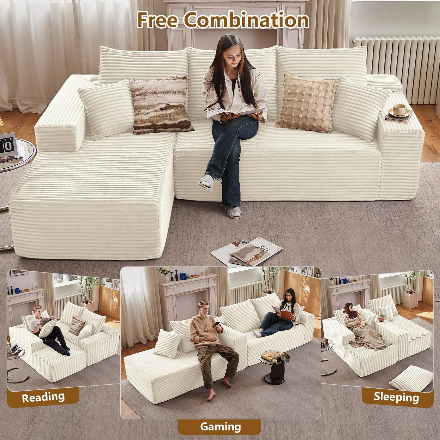 107" Cloud Sectional Couch with L-Shape Chaise, Modern Modular Comfy Sofa with Deep Seat, Upholstered Corduroy Couches Sleeper Chaise Longue for Living Room Bedroom, No Assembly Required, White