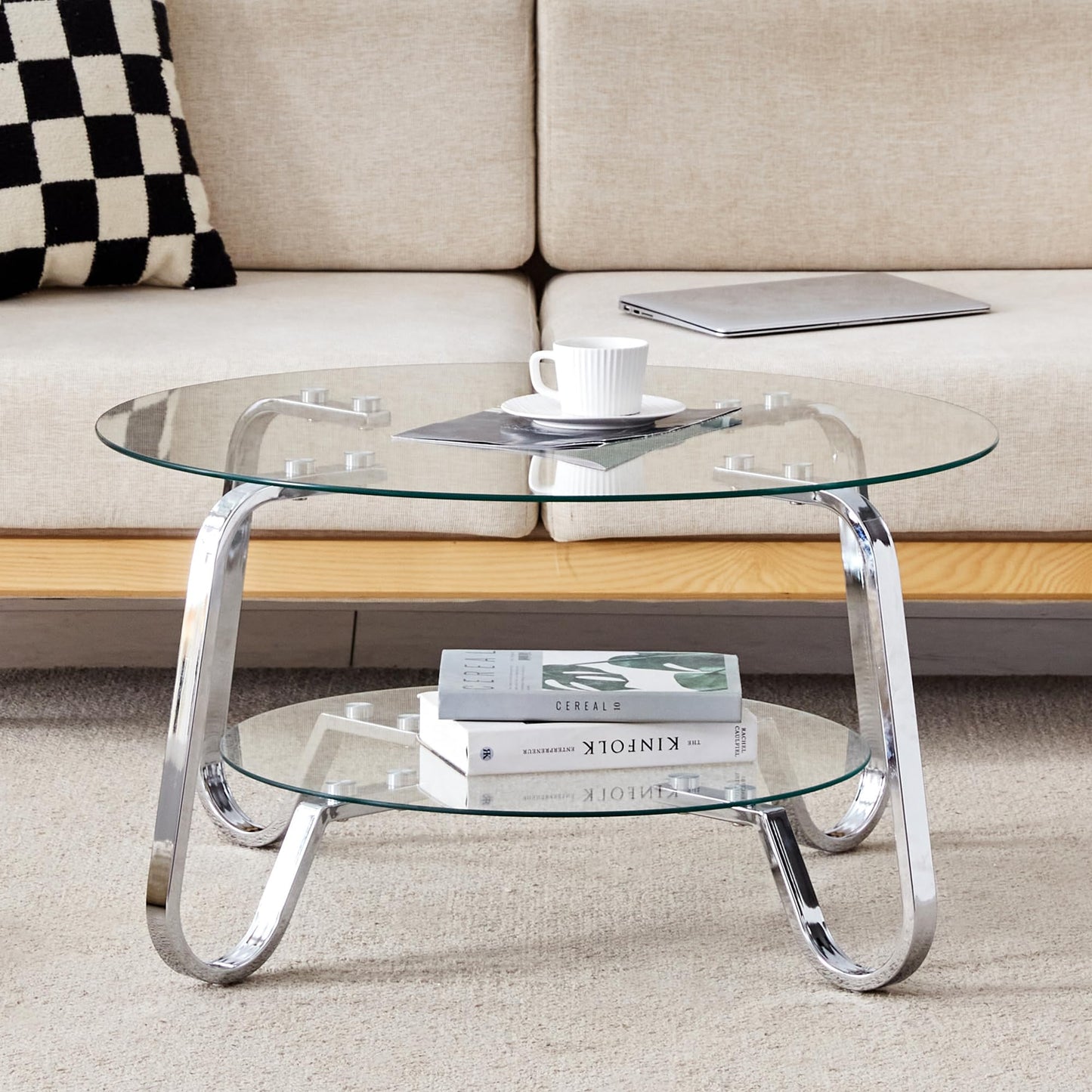31.5" Silver Round Glass Coffee Table Modern Living Room Table 2-Layer Sofa Center Cocktail Table for Small Space Apartment, Clear Top and Retro Metal Frame (Chrome)