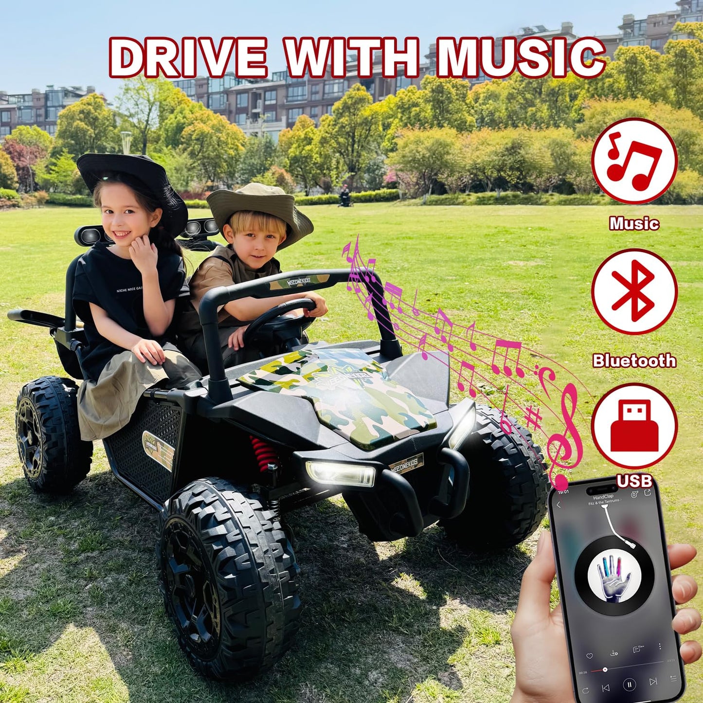 4V Ride on Toy for Big Kids, Kids' 2 Seat Electric Vehicles Outdoor Race Truck Car with 4 75W Strong MotorsBluetooth Speaker and 24V 7AH Big Battery,2 Seat Electric Cars for Kid 3-12 (Woodland)