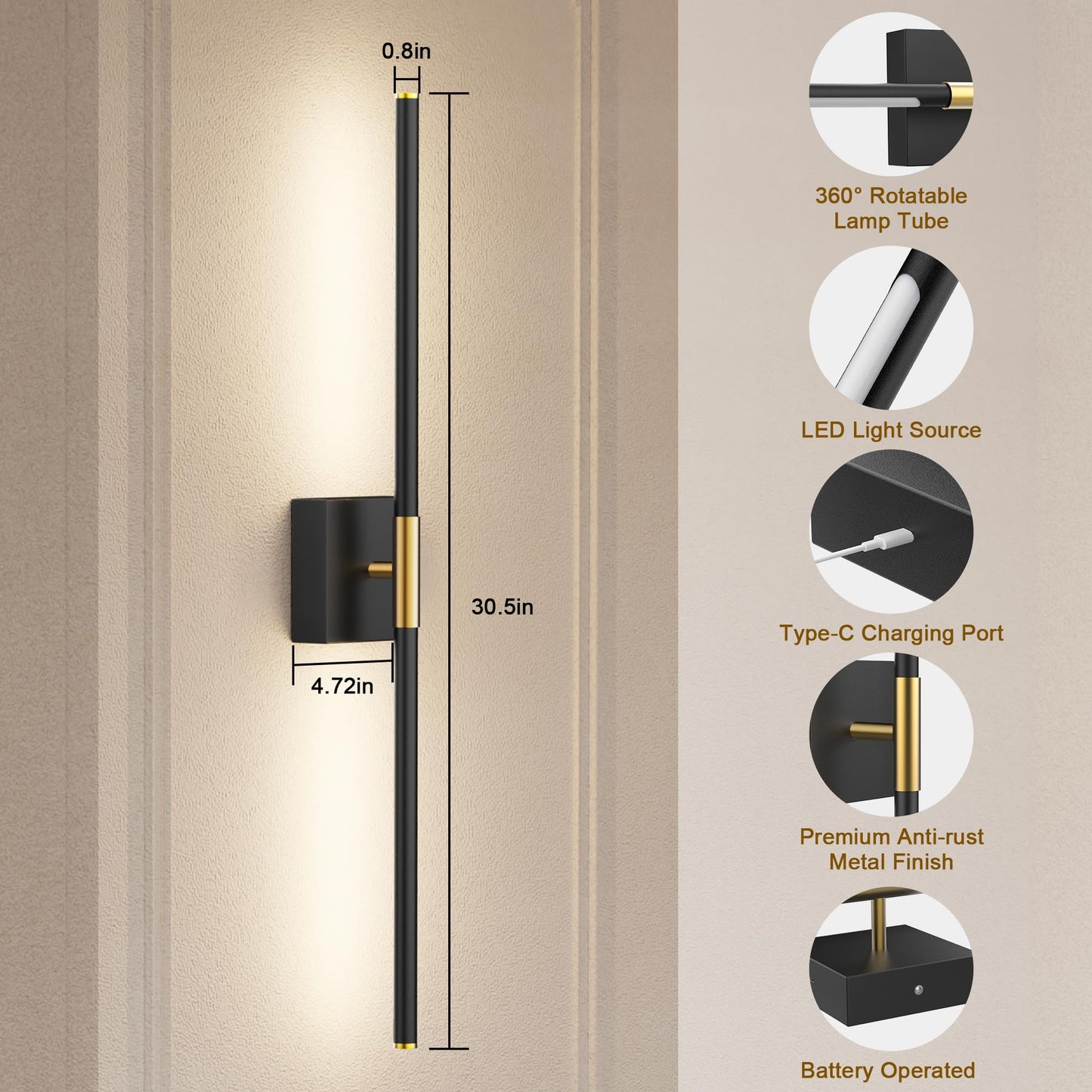 31.5 Inch Battery Operated Wall Sconce Set of Two, 8000mAh USB Rechargeable Wall Sconce with Remote Control, 360°Rotate Dimmable 3000K-6000K LED Wall Lights for Living Room, Hallway, Bedroom, (2 Pack)