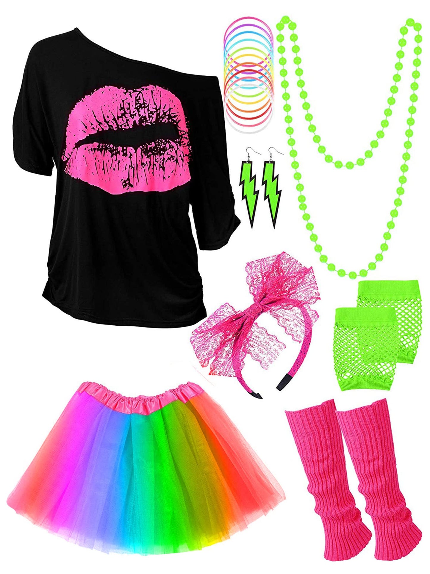 Women's 80s Outfit Costume with Accessories T-Shirt Tutu Skirt for Halloween Theme Party(Rainbow,XS)