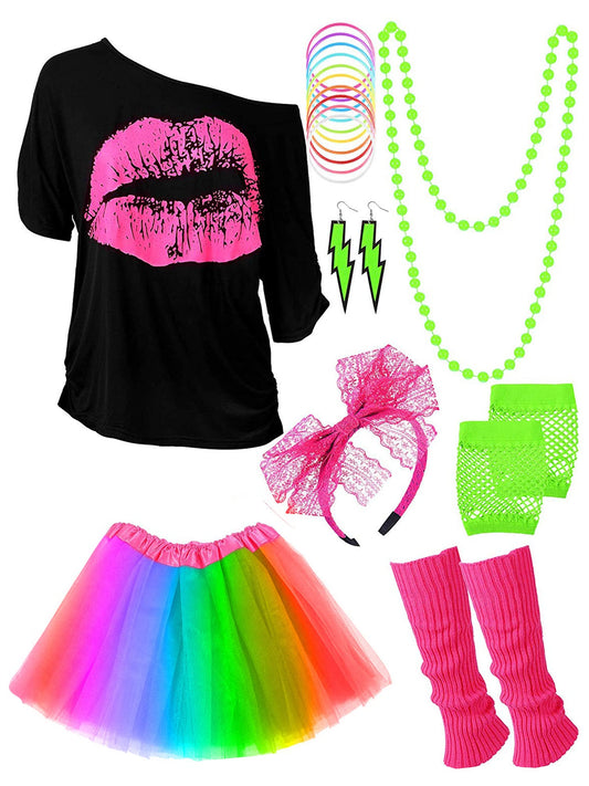 Women's 80s Outfit Costume with Accessories T-Shirt Tutu Skirt for Halloween Theme Party(Rainbow,XS)