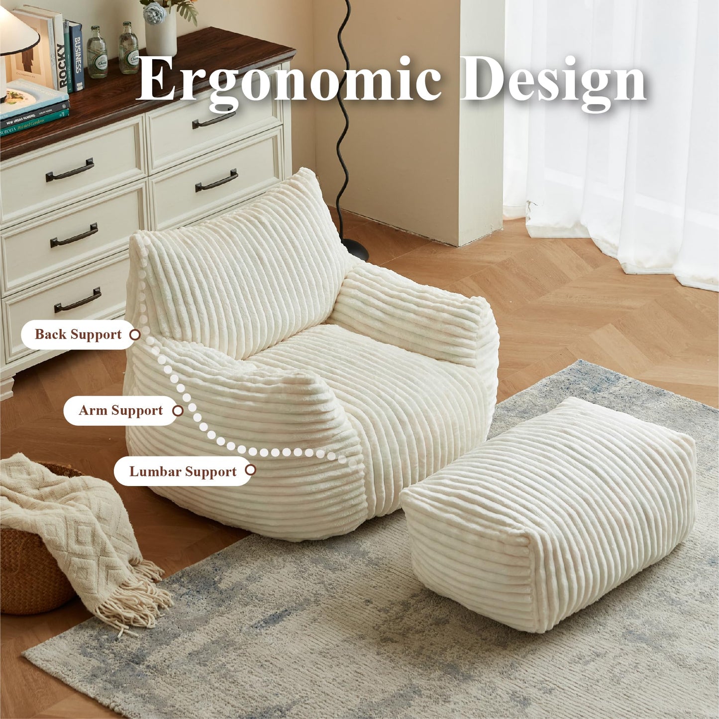 XOFUGEM Premium Beige Bean Bag Chair for Adults with Armrest- Ultra Plush Memory Foam Lounge Sofa & Comfy Reading Nook Chair for Bedroom, Living Room & Dorm (White, with Footrest)