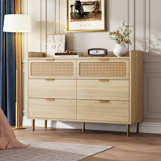 6 Drawer Double Dresser for Bedroom, 47" Wide Modern Chest of Drawers, Wooden Storage Rattan Dresser for Bedroom Living Room Hallway, Oak