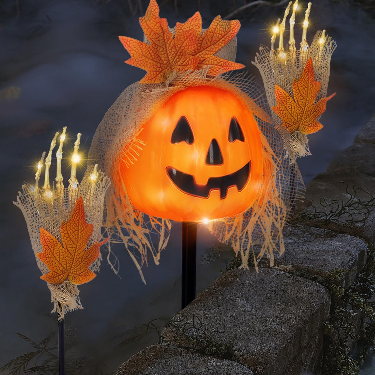 SUNNYPARK 3 Pcs Halloween Pathway Lights - Outdoor, 30 LEDs Pumpkin and Arms Stake Lights for Yard, Lawn, Garden, Patio Decorations