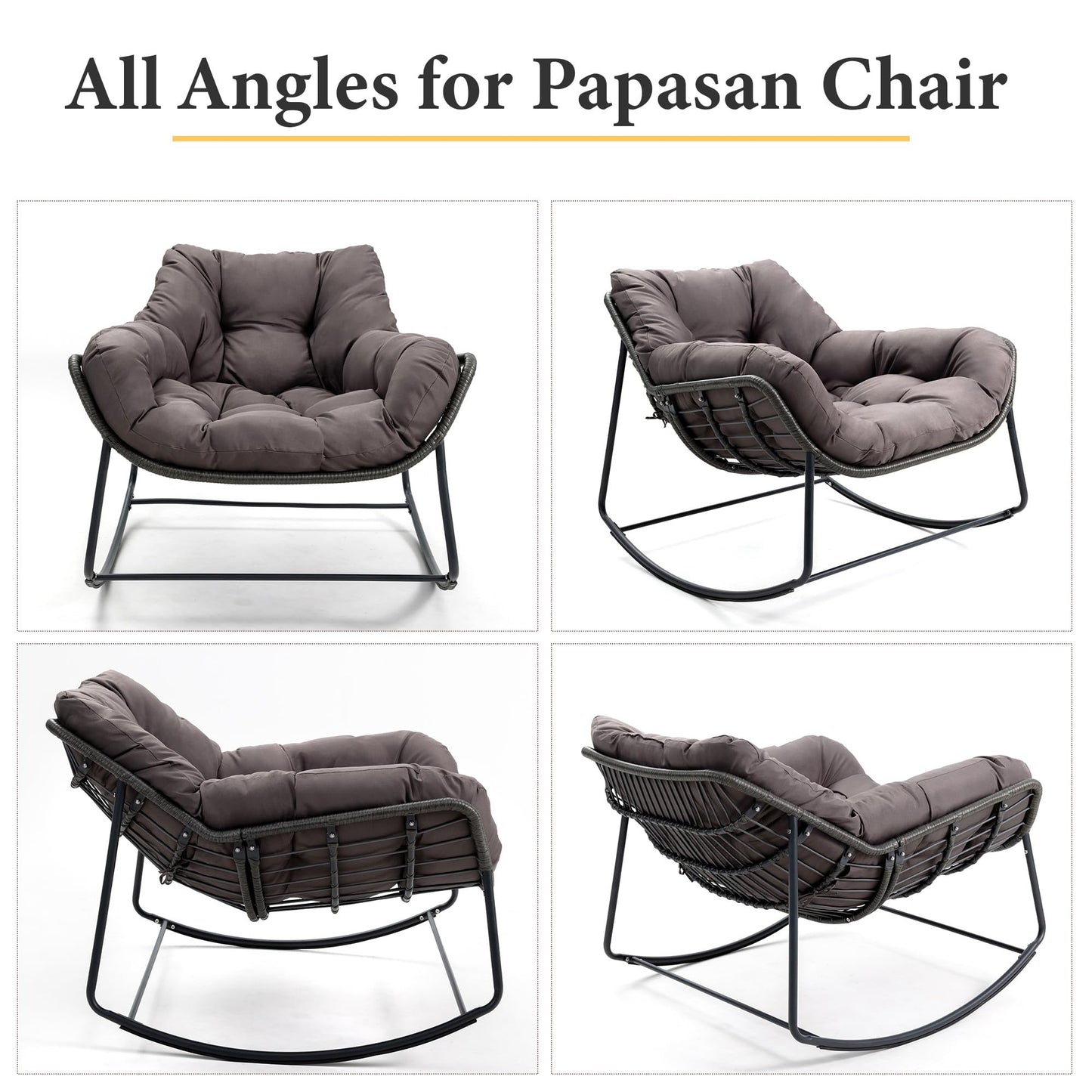 Yechen Outdoor Indoor Papasan Rocking Chair, Wicker Cozy Chair with Cushion, Oversized Outdoor Patio Reading Chair, Egg Chairs for Bedroom/Living Room/Porch/Garden/Lawn, Charcoal Grey