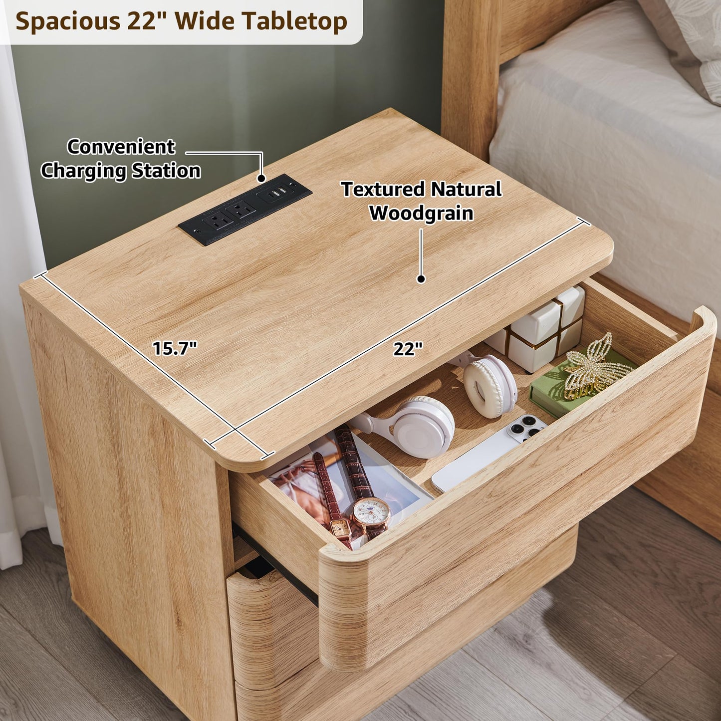ACCOHOHO 22" Modern Nightstand with Charging Station, 3 Push-to-Open Handleless Drawers Bedside Table, Large End Table with Storage, Night Stand for Bedroom, Living Room, Curved Profile, Natural Oak
