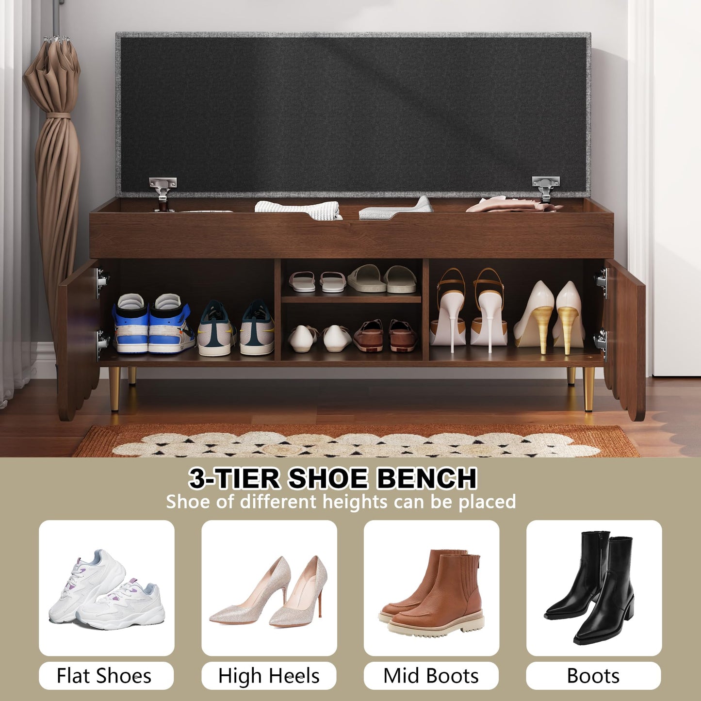 3More 40" Entryway Shoe Storage Bench，Upholstered Hidden Space Beneath Seat Cushion Bench，2-Tier Unique Geometric Shape with Wood Grain，Walnut