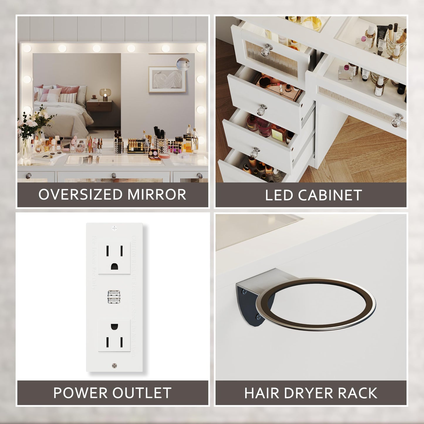 9 Drawers Makeup Vanity Desk with 36.9" Oversized Mirror and Lights, Vanity with Tempered Glass Top, Girls Make up Dressing Table with Power Outlet & 3 LED Lighted Acrylic Drawers Bedroom, White