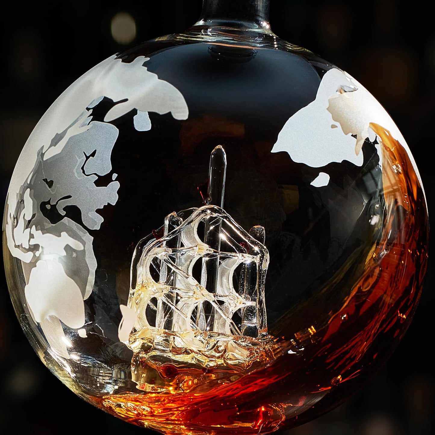 Whiskey Decanter Rotating Globe Set with 2 Etched Whiskey Glasses - Gifts Men Dad, Anniversary Birthday House Warming, Liquor Scotch Bourbon Vodka Gift Him Husband 850ml Ship Decanters, Electronic Set