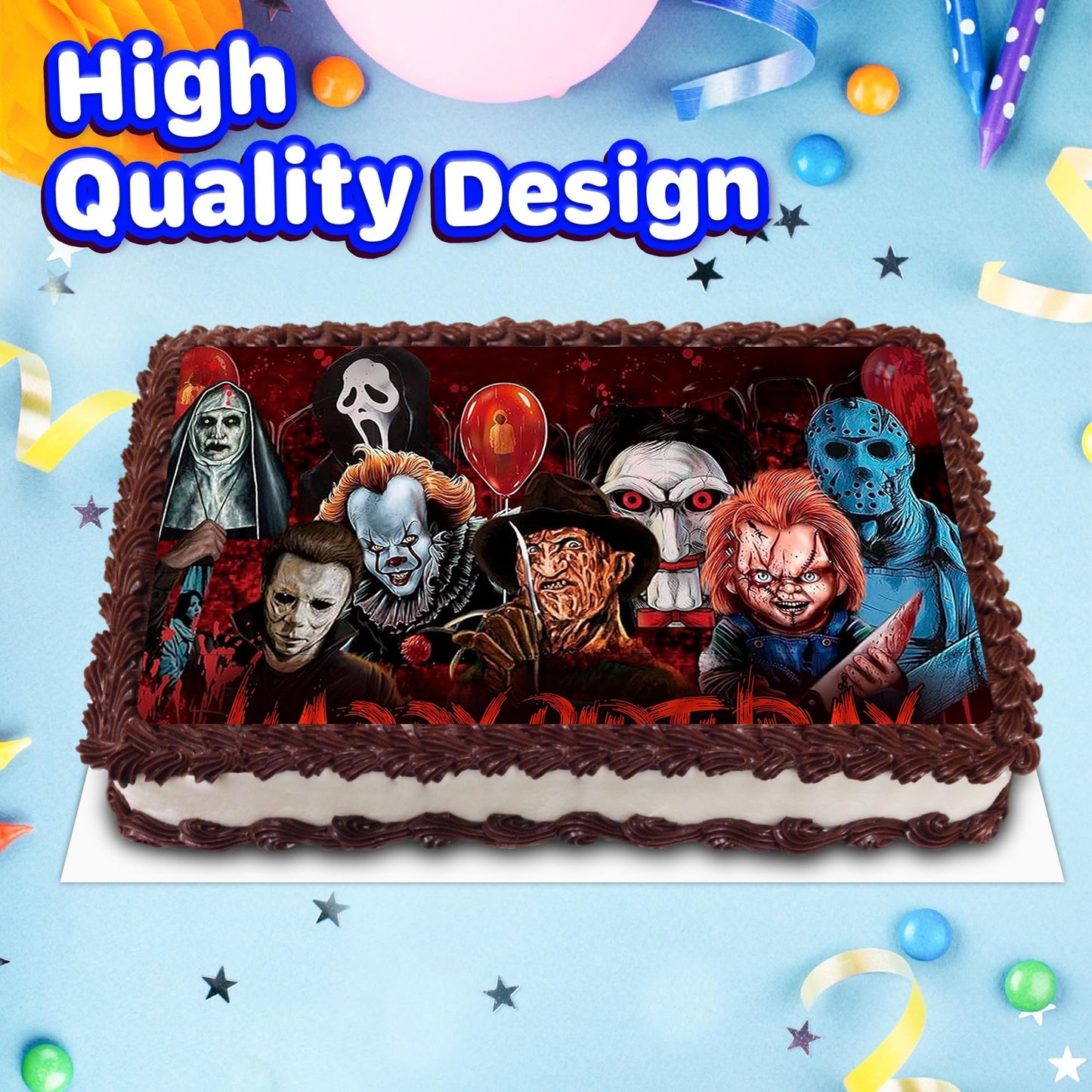 8.3 x 11.7 Inch Edible Square Cake Toppers – Horror Themed Birthday Party Collection of Edible Cake Decorations