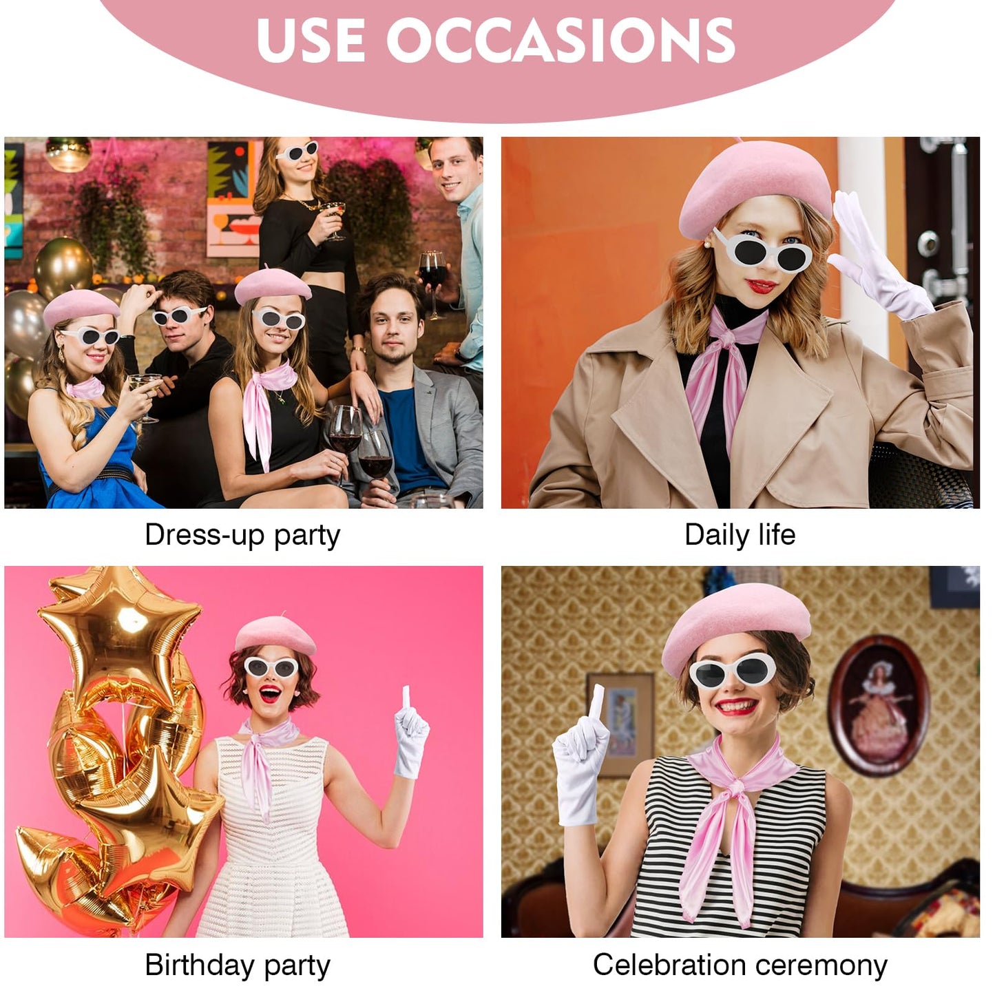 XEPST 6PCS French Women set - 50s Fancy Dress for Women with French Beret Hat Sunglasses Scarf Gloves Earrings 1950s Costume Kit for Halloween Costume Cosplay Carnival Fancy Dress Up, Lightpink