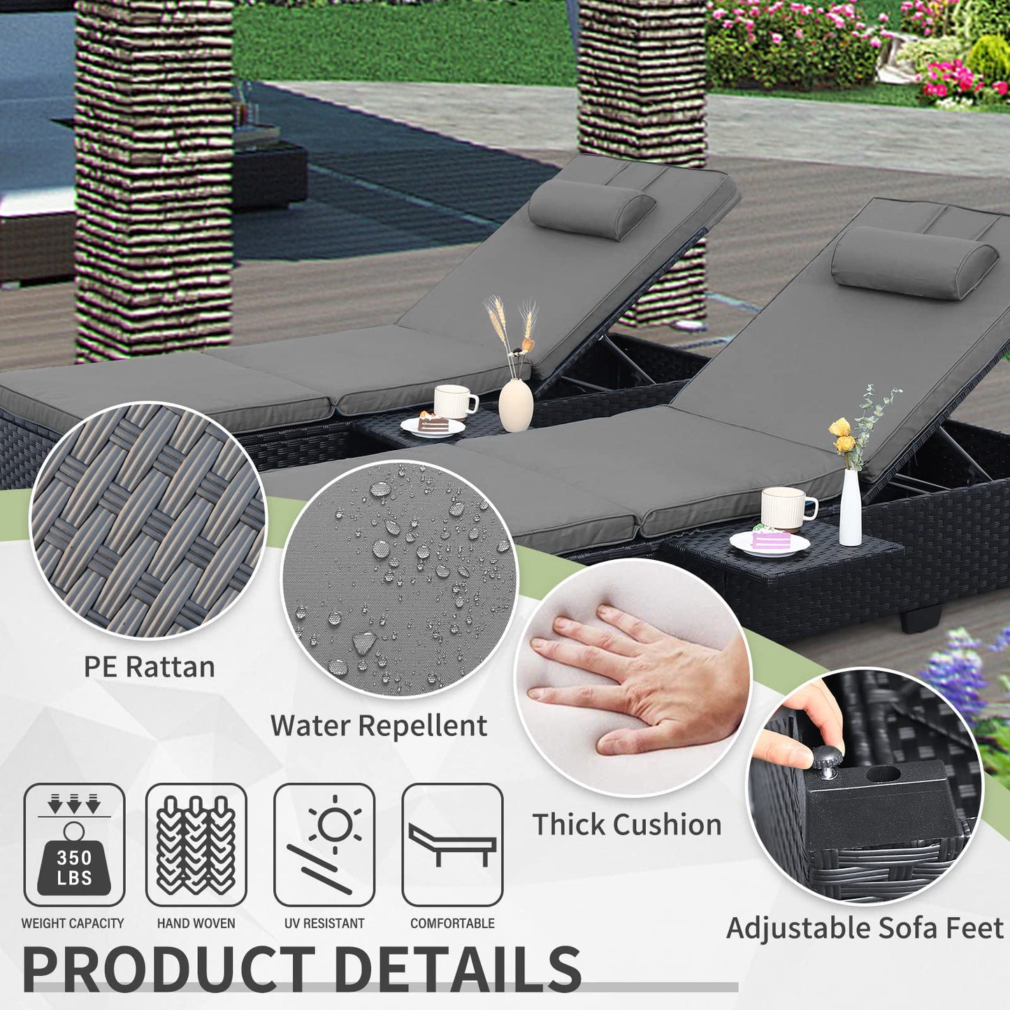 WAROOM Outdoor Chaise Lounge Chairs for Outside Patio Furniture Set of 2 Wicker Recliner Black Rattan Reclining Pool Sunbathing Chair Adjustable Backrest Lounger with Grey Cushion
