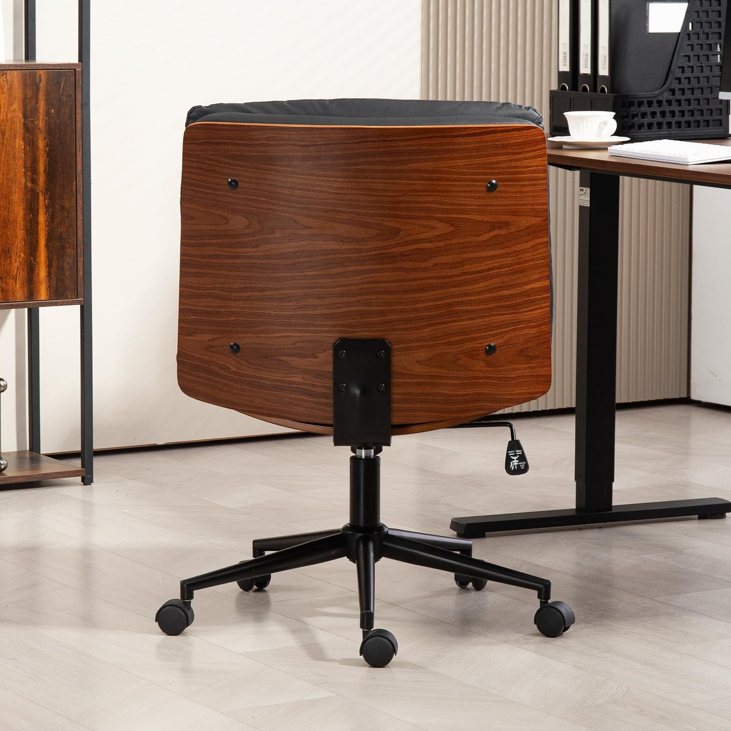 WQSLHX Office Chair, Criss Cross Legged Office Desk Chairs with Wheels, PU Leather Adjustable Swivel Walnut Task Chair with Wide Seat, Ergonomic Mid Back Computer Chair for Meeting Room, Home