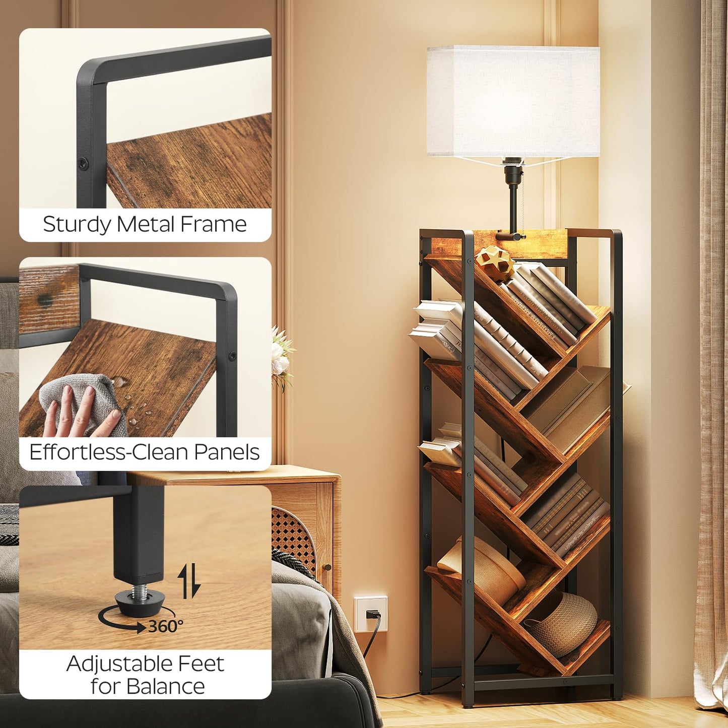 YATINEY Tree Bookshelf with Light, 6 Tier Book Shelf, Wooden Bookcase for Narrow Space, Floor Standing Tall Bookshelf, Industrial Corner Display Shelf, Rustic Brown SJ08DBR