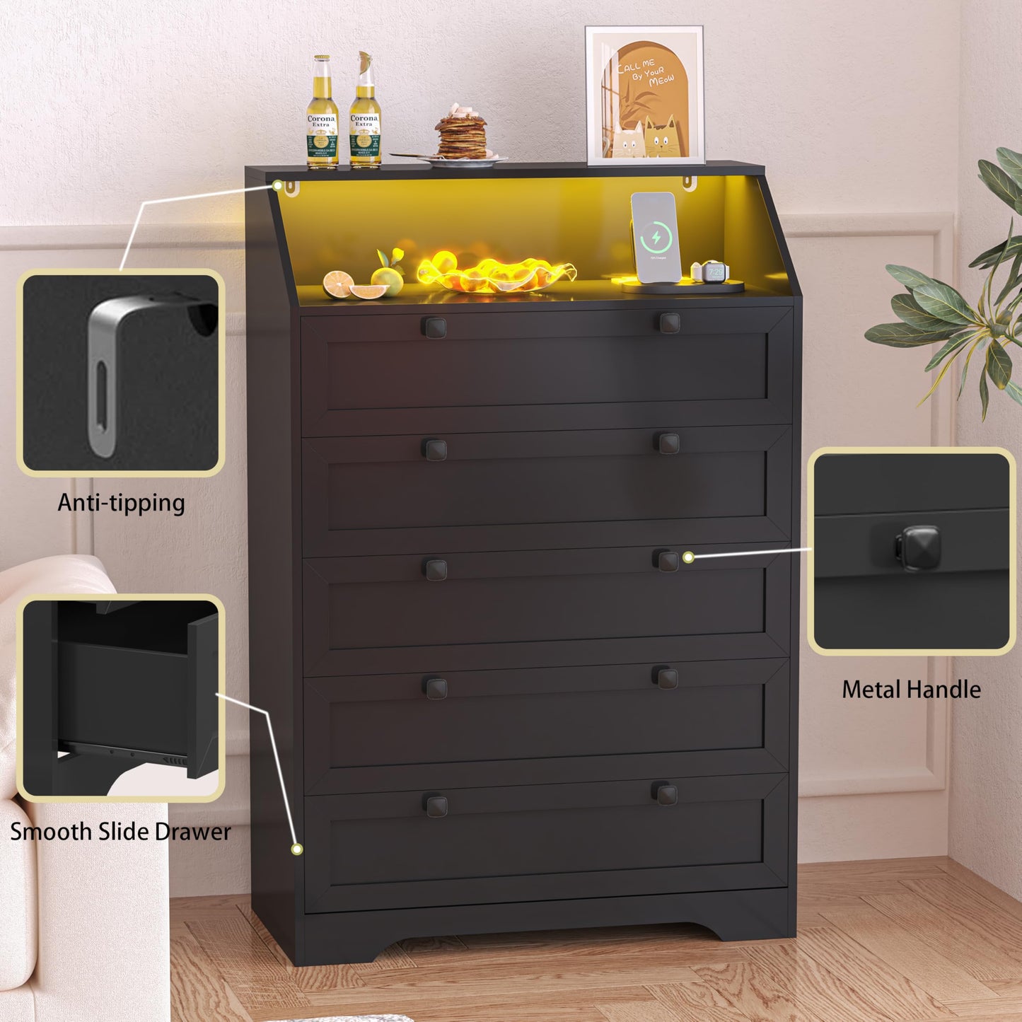 Wodeer Black Dresser Tall 5 Drawer Dresser for Bedroom, Wood Chest of Drawers with LED Lights, Charging Station, Metal Handles, Modern Storage Cabinet and Organizer Drawers for Living Room, Hallway