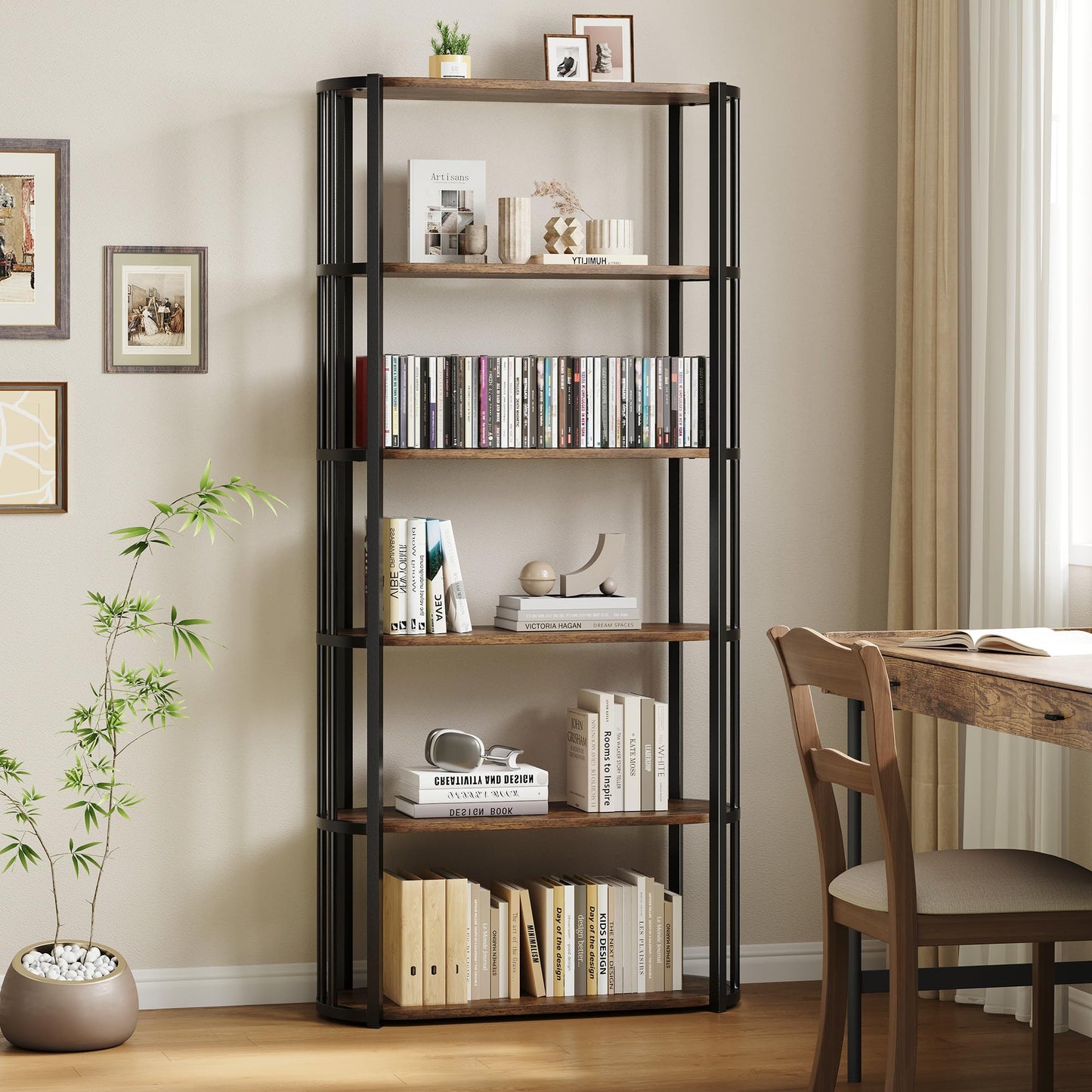 71 Inches Wooden Bookshelf, 6 Tier Industrial Tall Book Shelf, Metal Frame Large Open Bookcase, Freestanding Wooden Bookshelf Storage Rack for Bedroom, Living Room, Home Office, Rustic Brown and Black