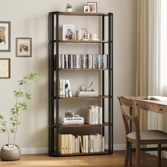71 Inches Wooden Bookshelf, 6 Tier Industrial Tall Book Shelf, Metal Frame Large Open Bookcase, Freestanding Wooden Bookshelf Storage Rack for Bedroom, Living Room, Home Office, Rustic Brown and Black