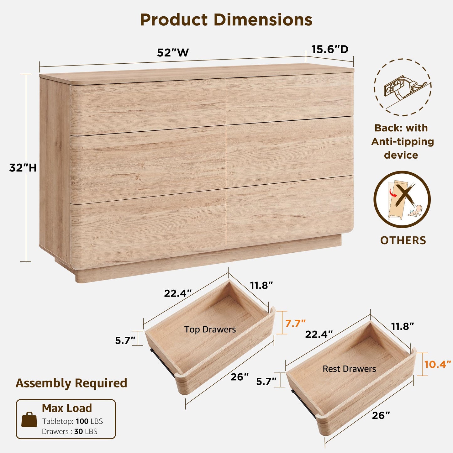 ACCOHOHO Modern 6 Drawer Dresser for Bedroom, Farmhouse 52" Wide Dresser TV Stand with Large Drawers, Natural Texture, Curved Angle for Room, Hallway and Entryway, Nutural Oak