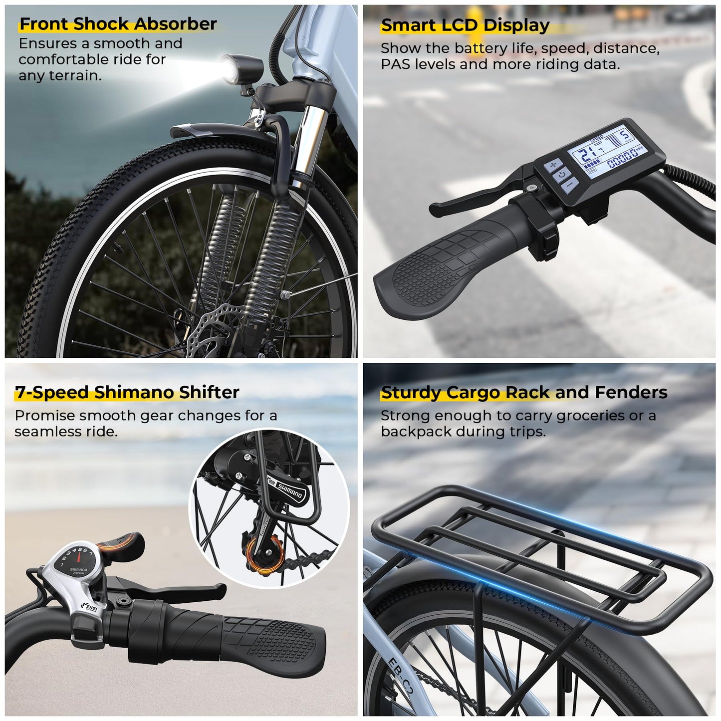Funhang Electric Bike for Adults, 1000W Peak Ebike, 50Miles 21.7MPH Step Thru Electric Bicycle, 26" Commuter E Bikes with 48V Built-in Removable Battery, Adjustable Stem, 7-Speed, Front Suspension