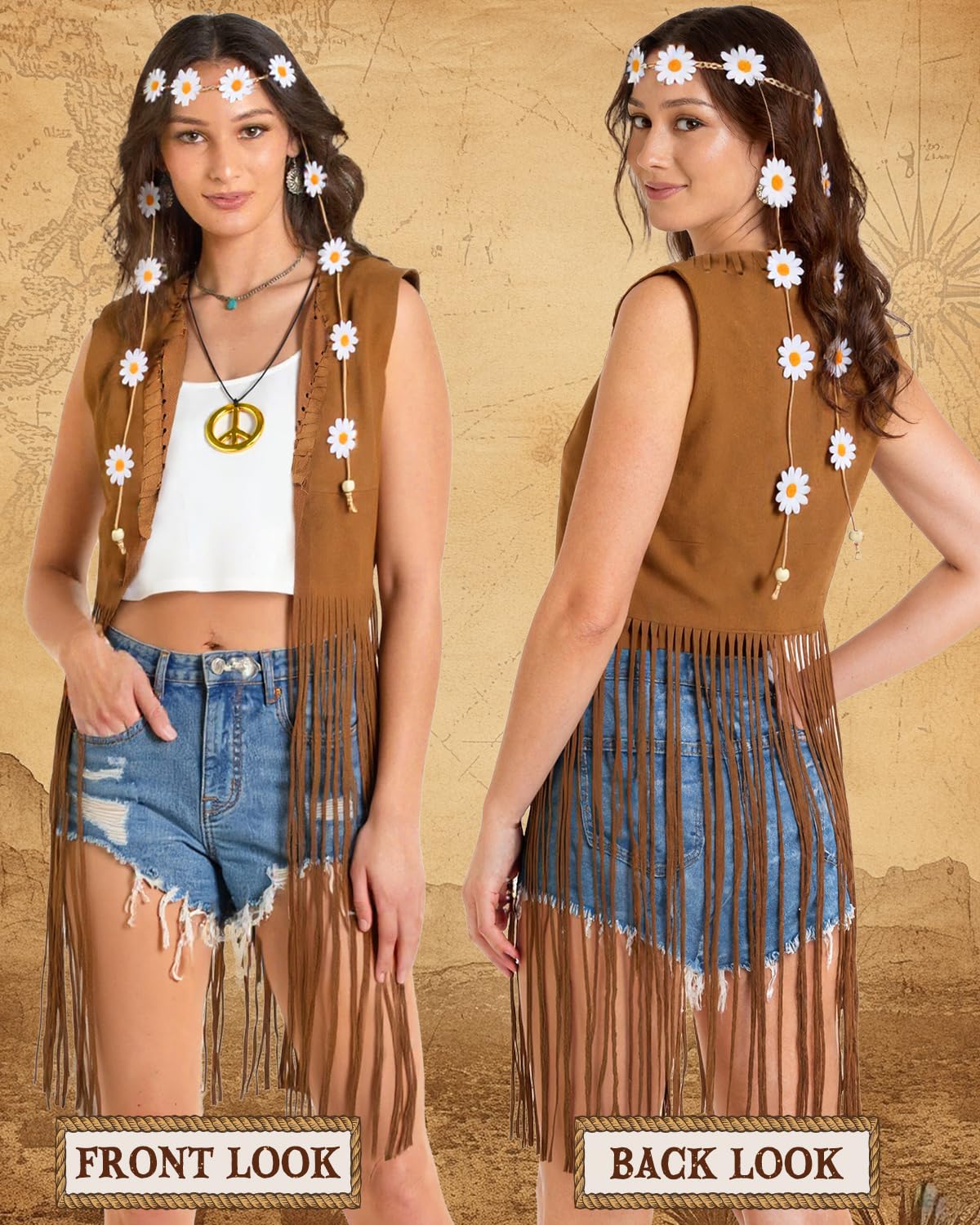 60s 70s Outfits Hippie Clothes for Women Disco Suede Fringe Vest Western Shirts Accessories Woman Cowgirl 1970 Style Decades Day Boho Costume Tops Flower Crowns (M)