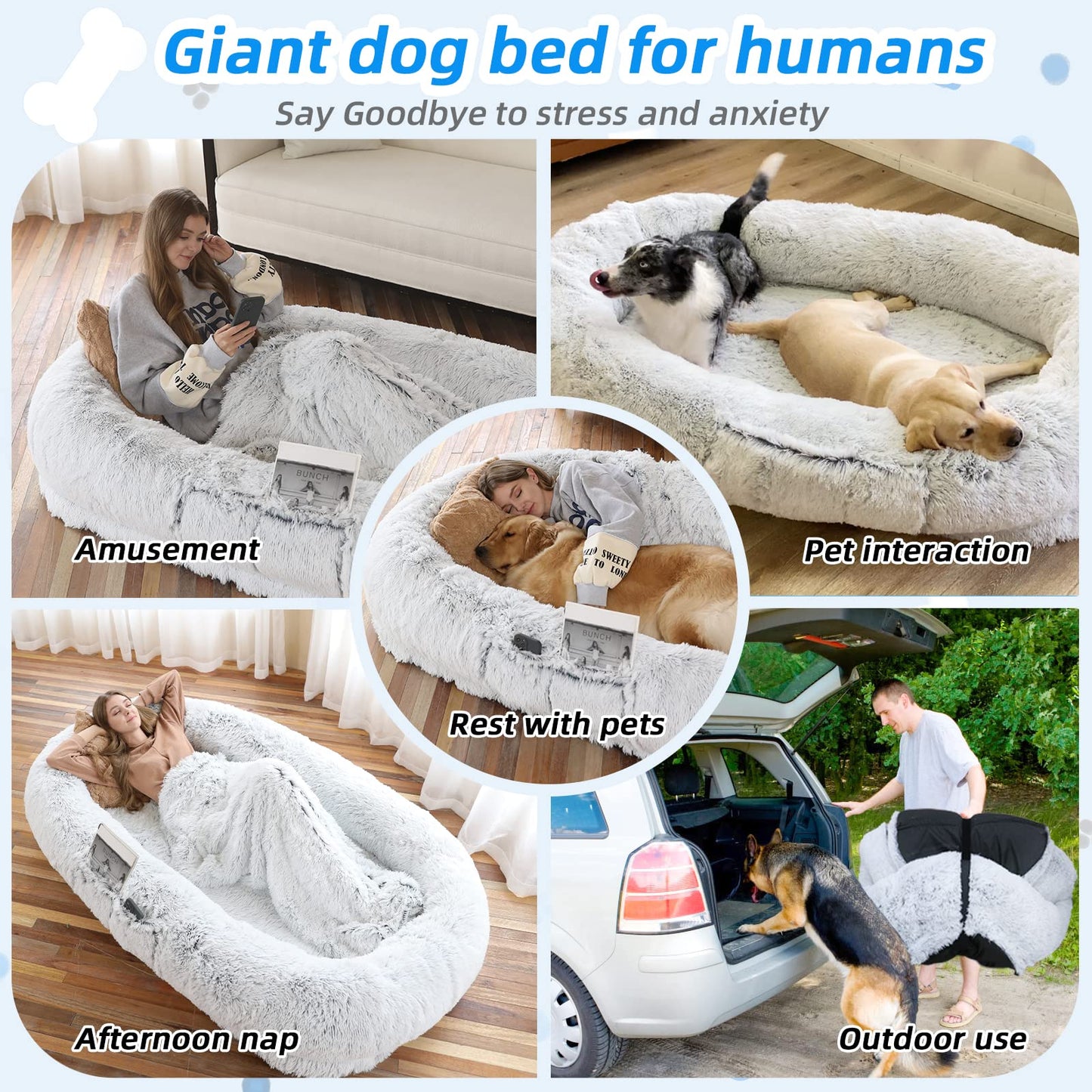 WROS Human Dog Bed - 71"x45"x12" Fits You & Pets, Washable Faux Fur, Orthopedic, Plump Pillow, Blanket, Strap - Grey