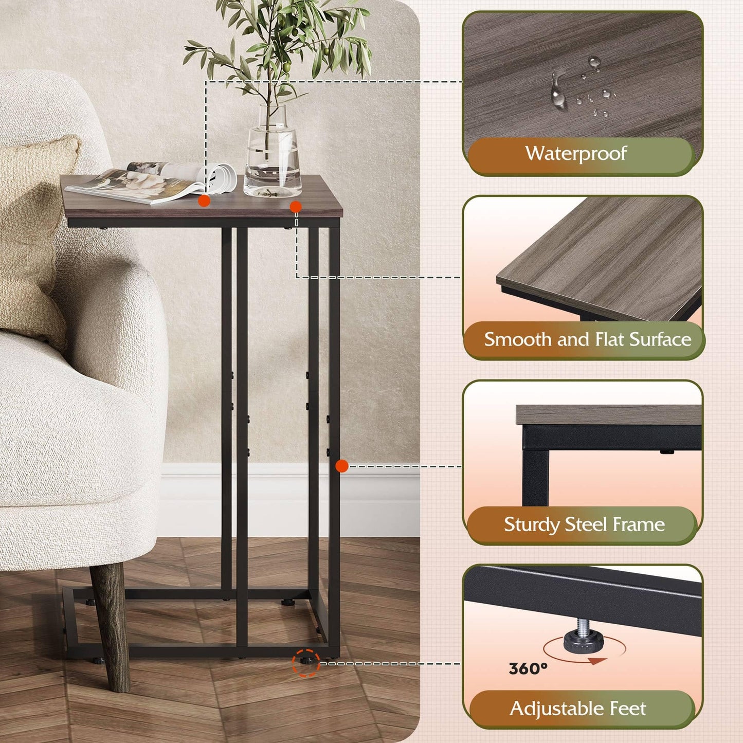 WLIVE Small Side Table, C Shaped End Table for Couch, Sofa and Bed, Tv Tray Table That Slides Under for Living Room, Bedroom, Bedside, Gray and Black