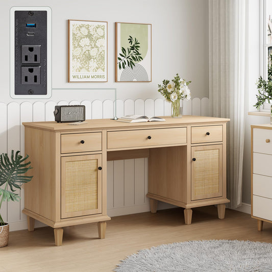 Yechen 58" Modern Executive Desk with Natural Rattan Door, Boho Writing Desk with 3 Drawers & 2 Cabinet for Study, Work, Computer, Golden Oak