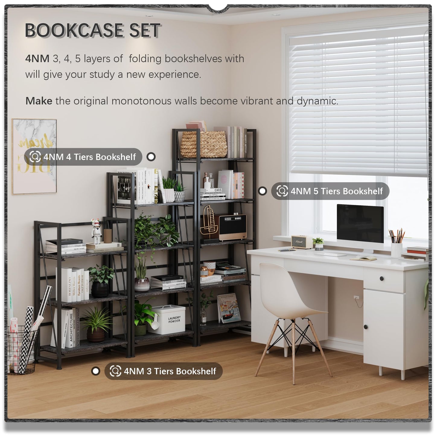 4NM No-Assembly Folding Bookshelf Storage Shelves 4 Tiers Vintage Bookcase Standing Racks Study Organizer Home Office (Gray Black)