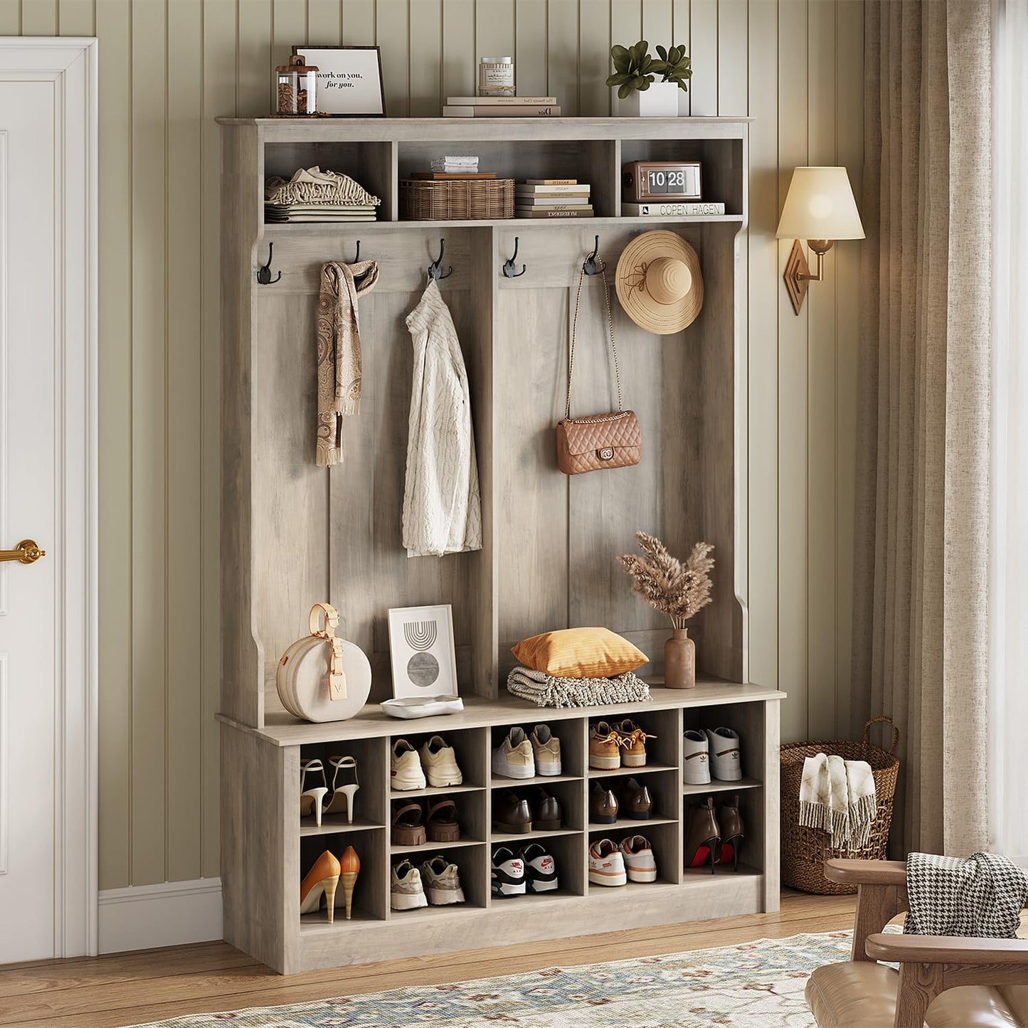 Wodeer Entryway Hall Tree with Bench and Shoe Storage, 53" Farmhouse 4-in-1 Mudroom Storage Organizer with Coat Rack, 6 Double Hooks, 12 Shoe Cubbies, Adjustable Shelf, for Hallway, Bedroom, Grey