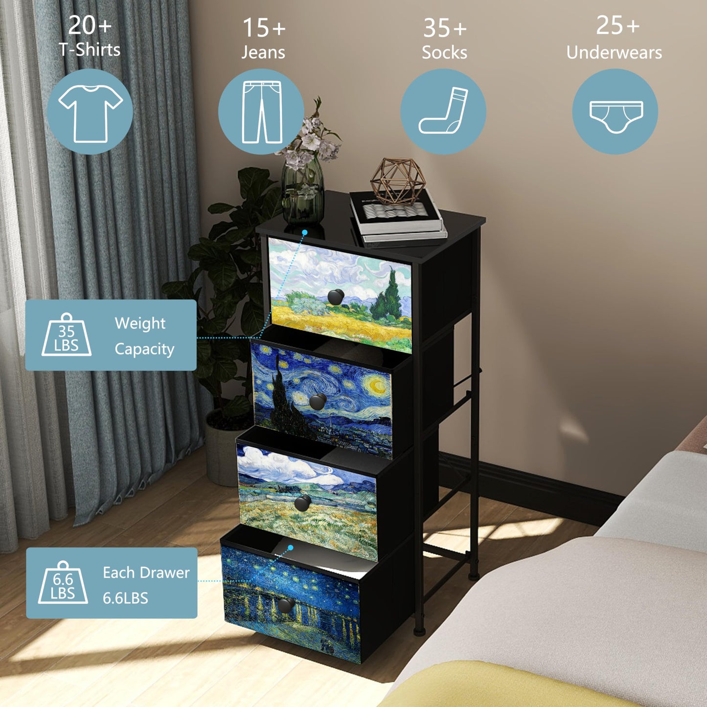 Welfuturer Narrow Dresser for Bedroom Slim 4 Drawer Dresser Vertical Storage Tower Unit for Living Room Hallway Kids Room Nursery Closet Sturdy Steel Frame Wooden Top Easy Pull Handle
